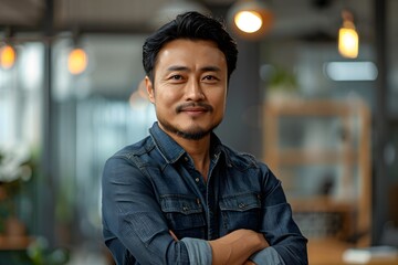 Fototapeta premium Mustached man in denim shirt, arms crossed