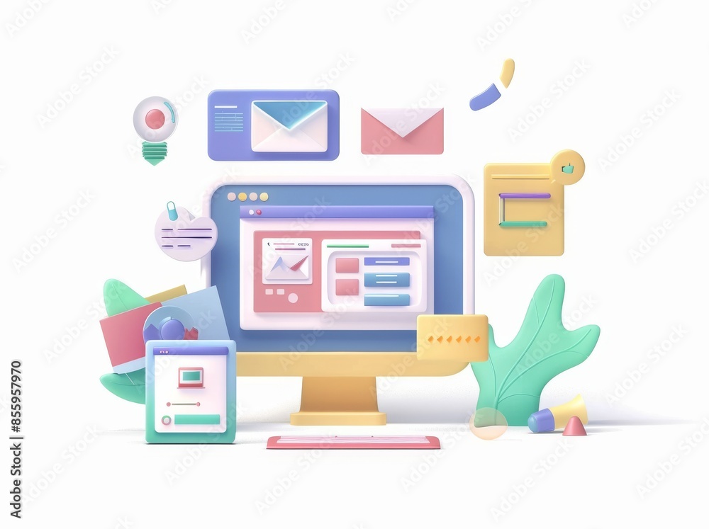 Poster illustration of 3d project management concept. designing and programming product, developing communi