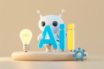 Rendering. Smiling cartoon robot with technology and startup.