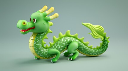Obraz premium Cute Green Cartoon Dragon with Scales and Whiskers, Generative AI