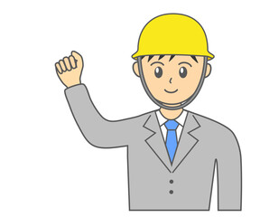 笑顔で ガッツポーズするヘルメットをかぶりスーツ姿の男性ビジネスマンのイラスト