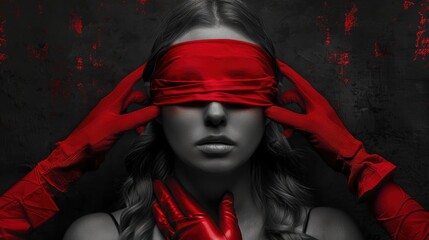 Stylized portrait of a woman with her eyes covered by a red blindfold. Her hands, adorned with red gloves, are gently holding the blindfold in place