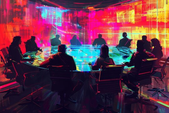 An illustration of diverse business people in a conference, meeting, or brainstorming session in a painterly style