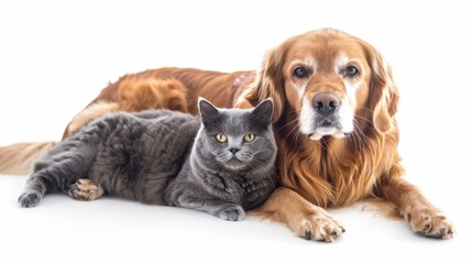 Obraz premium Golden Retriever and British Shorthair Cat Together, Generative AI