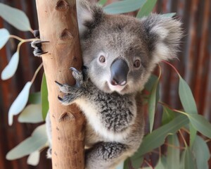Obraz premium A baby koala is clinging to a tree branch