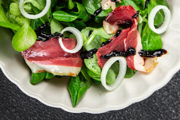 salad duck breast meat smoked duck magret fresh meal food snack on the table copy space food background rustic