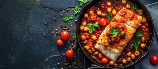Cod stew with chickpeas, cherry tomatoes and olives in cast iron pan over dark stone background. Top view, flat lay. Copy space image. Place for adding text or design