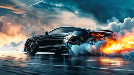 Obraz premium Sports car performs burnout or drifting on a racing track in a wide banner.