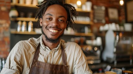 The image shows a successful African American business owner standing with crossed arms with a trendy cafe in the background created with Stock software.