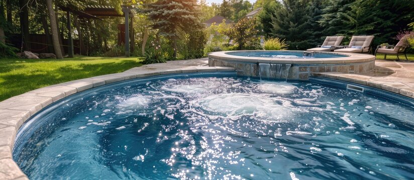 Outdoor in ground residential swimming pool in backyard with hot tub. Copy space image. Place for adding text or design