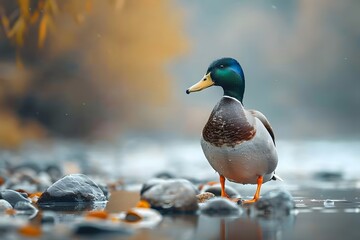 Fototapeta premium Duck on rock in water