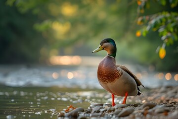 Duck by river shore