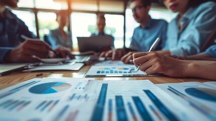 The firm investment laptop, stock , is used in a meeting by a group of businesspeople as they brainstorm about current finance and the economy