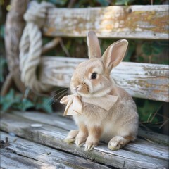 Obraz premium A baby rabbit is sitting on a wooden bench with a bow around its neck