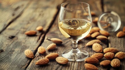 Fototapeta premium White wine and almonds on a wooden table