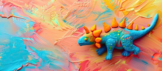 Plasticine stegosaurus isolated on a pastel background. Kid's art. Copy space image. Place for adding text and design