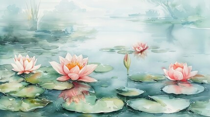 A watercolor painting of a pond with lily pads and flowers