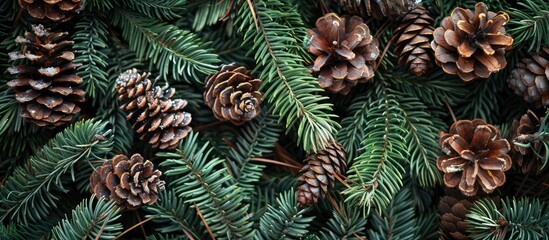 Naklejka premium Winter time decor background, viewed from above pine cones and green boughs. Natural simple decoration framed. . Copy space image. Place for adding text and design