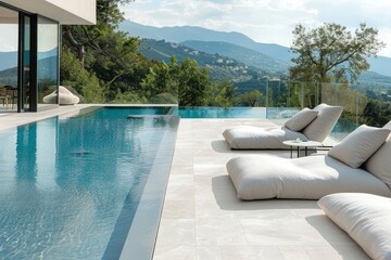 Fototapeta premium The luxury home's poolside, designed with a contemporary touch, offers a modern oasis perfect for entertaining guests