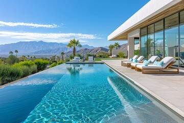 Fototapeta premium The poolside of this luxury home showcases a modern design, featuring contemporary furniture and advanced amenities for ultimate comfort