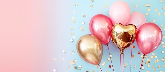Preparing for 77 years old anniversary with golden shiny inflatable balloons Isolated on pastel background. Copy space image. Place for adding text and design