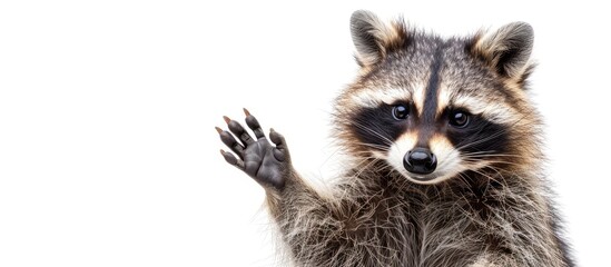 Obraz premium Funny raccoon showing a rock gesture isolated on white background. Copy space image. Place for adding text or design