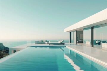 Fototapeta premium The luxury home boasts a stunning poolside area where modern design meets contemporary elegance, creating a serene oasis