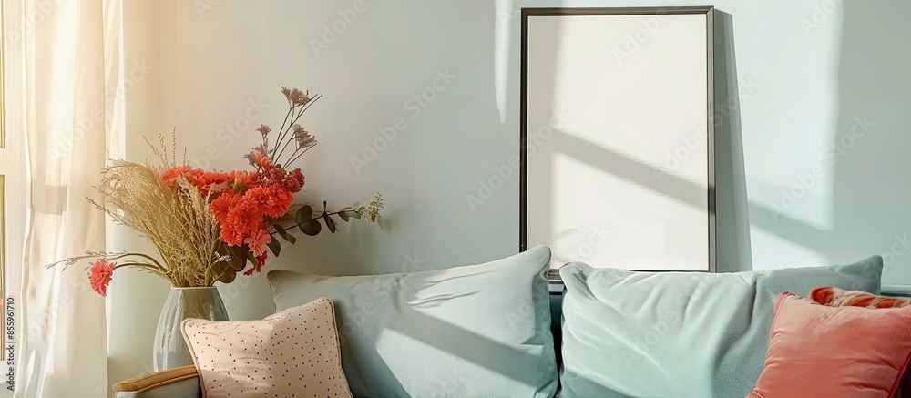 Sticker Artificial flower & photo frame over partial of sofa in modern Living room / interior design & redecoration conceptual. Copy space image. Place for adding text and design