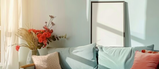 Artificial flower & photo frame over partial of sofa in modern Living room / interior design & redecoration conceptual. Copy space image. Place for adding text and design