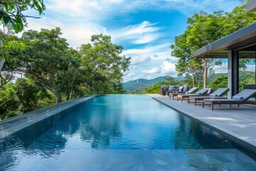 In the backyard of the luxury home, the poolside area is a masterpiece of modern design, featuring contemporary elements that enhance its beauty
