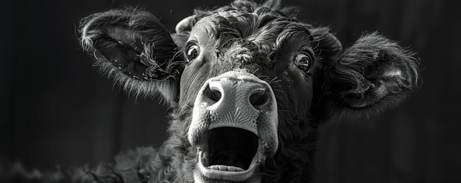 Black and white cown with scared expression on his face.