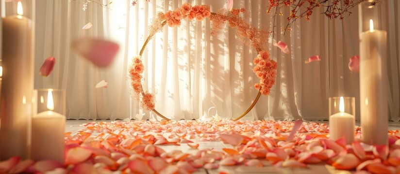 circle wedding arch with flower petals and candles. Copy space image. Place for adding text or design