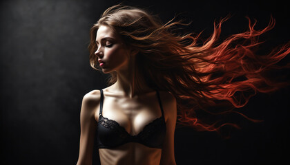 Naklejka premium Woman with waving hair on black background. Girl with fiery red hair. Waving red hair. Ridge-haired woman, dark background. Red hair in the wind. lingerie black bra. Woman in underwear, swimsuit