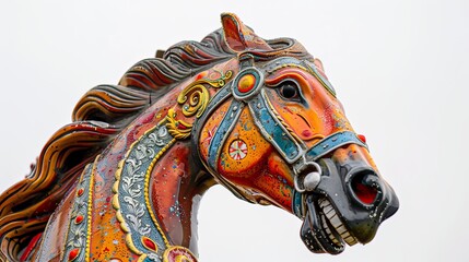 A plastic horse from a carousel against a white background. Italy, Europe.