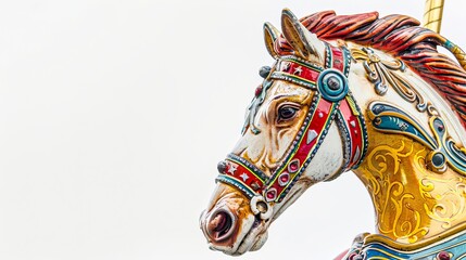A plastic horse from a carousel against a white background. Italy, Europe.