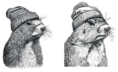 Vintage illustration of a marmot glasses dress and hat with a woodchuck background sketched in ink. Black and white drawing of a woodchuck with a silhouette.