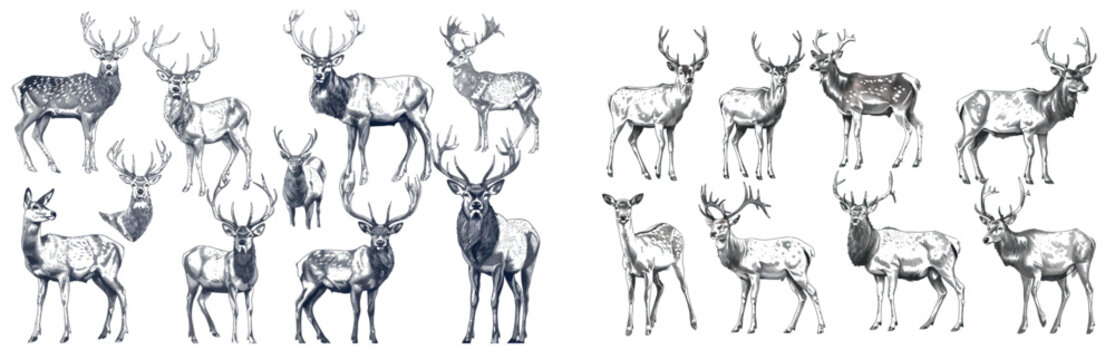 An isolated deer set illustration ink sketch. Northern reindeer background stag silhouette art.