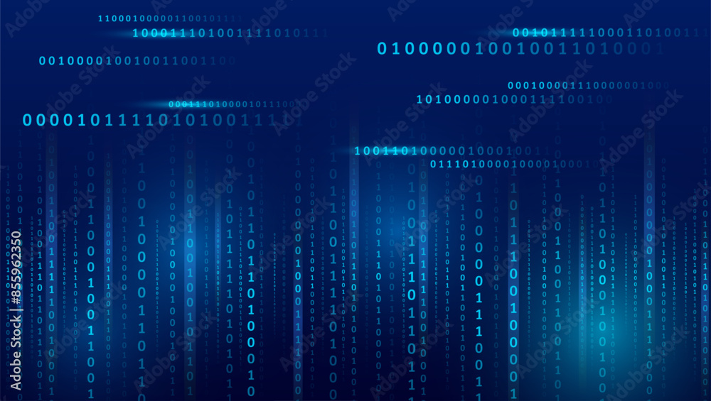 Poster Blue background with data flow. Binary code, artificial intelligence. Program code. Computer background of numbers. Analytics, sorting, structuring, information transfer.