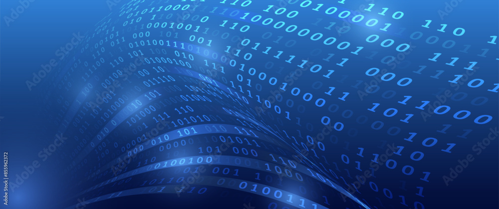 Poster Binary code, artificial intelligence. Program code. Computer background of numbers. Analytics, sorting, structuring, information transfer. Blue background with data flow.