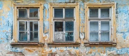 Old windows. Old windows in the wall of an abandoned house. Windows with irradiated frames. Copy space image. Place for adding text and design