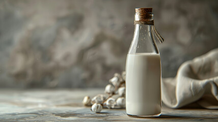 A glass bottle of milk with a cork stopper on a rustic surface.