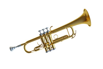 Fototapeta premium A shiny brass trumpet isolated on a white background, showcasing its elegant design and intricate details for musical enthusiasts and professionals.