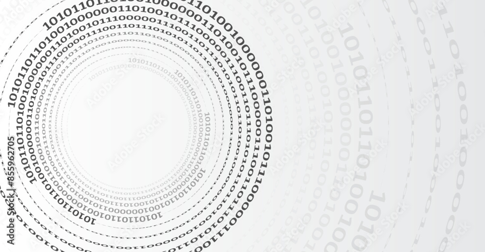 Poster Binary code, artificial intelligence. Program code. Computer background of numbers in the form of a tunnel. Analytics, sorting, structuring, transfer of information. Gray background with a data stream