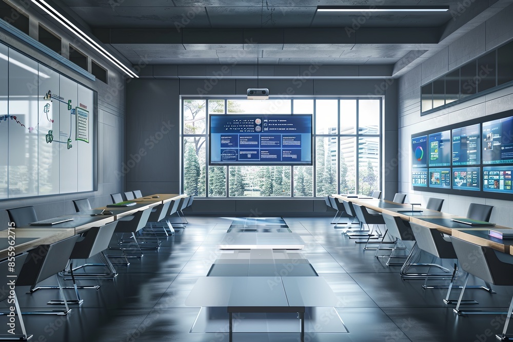 Aufkleber a sleek, contemporary classroom or study space featuring interactive panels and ai assistants. the d