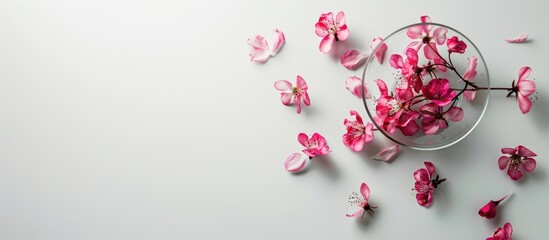 decorative flower in the glass on white wall. Copy space image. Place for adding text and design