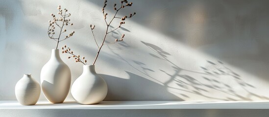 Ceramic handmade vases in a minimalist style on a shelf in the wall. Copy space image. Place for adding text and design