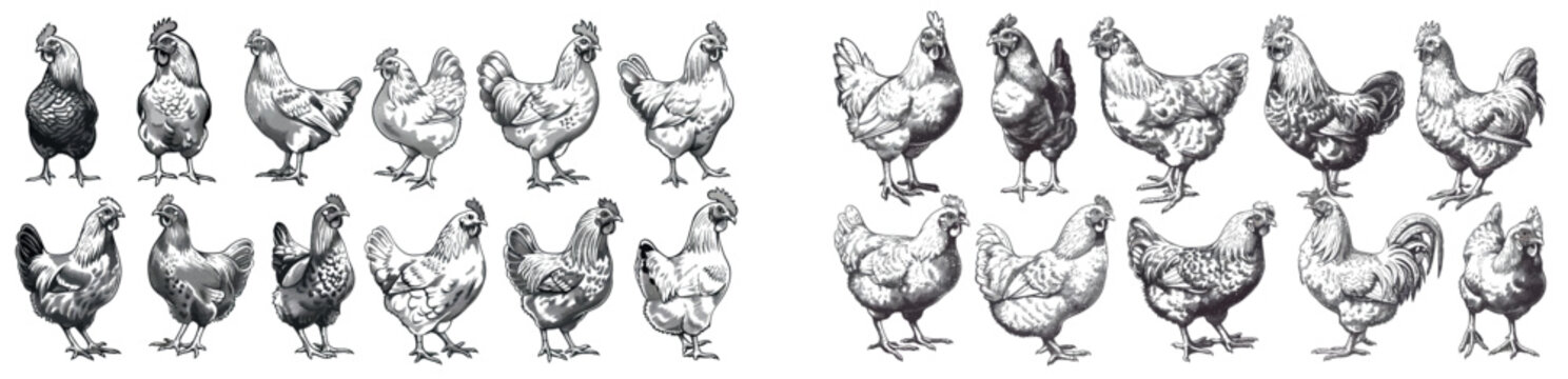 Black and white hand drawn illustration of a chicken set with a rooster. Word art hen bird silhouette cock. Vintage engraving with isolated chicken set illustration rooster ink sketch.