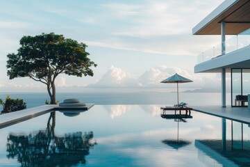 Fototapeta premium The poolside in this luxury home, designed with a modern touch, provides a stunning visual and functional extension of the indoor living space