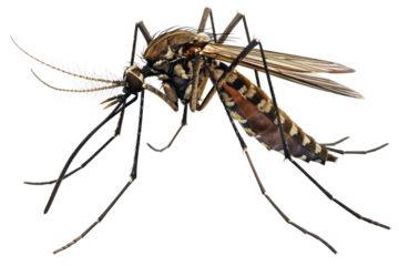 Close-up image of a mosquito with detailed wings and body, isolated on a white background.