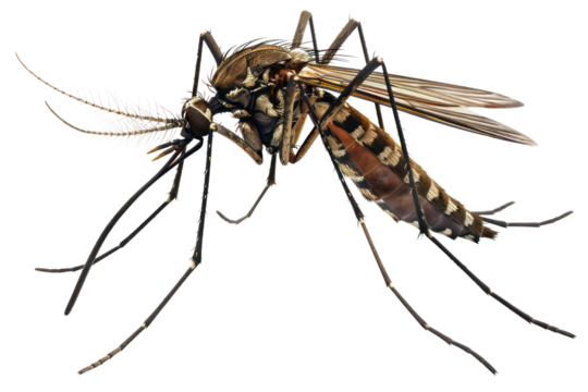 Close-up image of a mosquito with detailed wings and body, isolated on a white background.